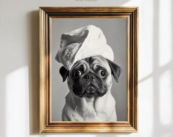 May include: Black and white framed print of a pug wearing a white towel on its head. The pug has large, expressive eyes and is looking directly at the viewer. The frame is gold-colored, and the print has the text "Paw of Love" and "Instant Download".