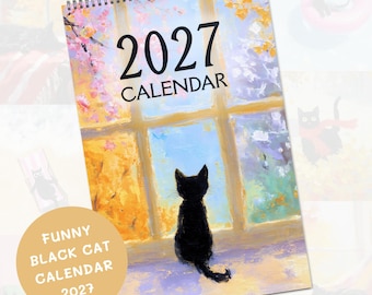 Calendário de parede Gato Preto 2027, Planejador Mensal, Decoração Divertida para Casa com Gatinhos, Artigos de Papelaria Felinos