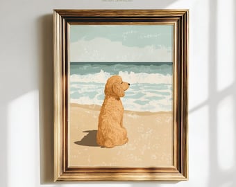 Beach Doodle Print, Goldendoodle Summer painting, Watercolor Dog Coastal Decoration, Printable wall art