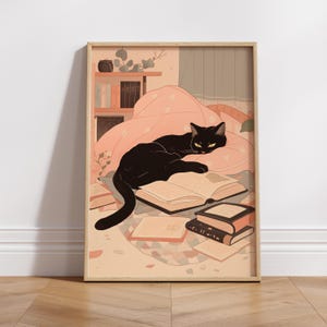Süße Katze Lese Poster Katze Liebhaber Geschenk Rosa Mädchen Schlafzimmer Dekor Leserin Wand Kunst Bücherwurm Druck Catful Aesthetic homedecor Bücherwurm