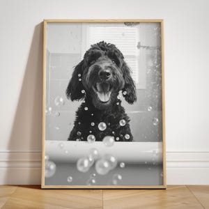 Black Goldendoodle Bathroom Wall Art, Funny Home Decor Print, Doodle on the Bath, Quirky Art Dog Toilet Poster, Pet Portrait Dog Bathtub WC