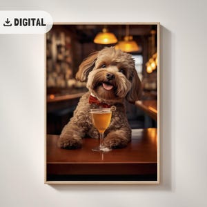面白いバーパブの装飾、モダンなコッカプー犬のホームバープリント、ビールの壁アート、犬だらけのキッチンの壁装飾、トレンディなクラブプリントのマキシマリストアート