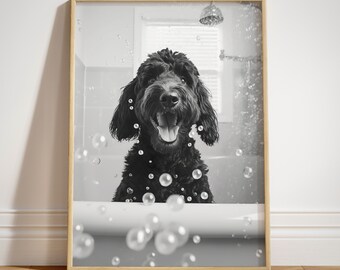 May include: A black and white poster titled Paw of Love featuring a black dog with long fur sitting in a bathtub filled with water and soap bubbles. The dog has its mouth open, showing its tongue, and is surrounded by floating bubbles.