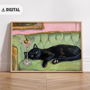 ヴィンテージ ブラック キャット カウチ アート プリント マティーニを持つ面白い猫 風変わりな気まぐれなポスター カクテル バー カート アート 折衷的なウォール アート トレンディなホーム デコレーション