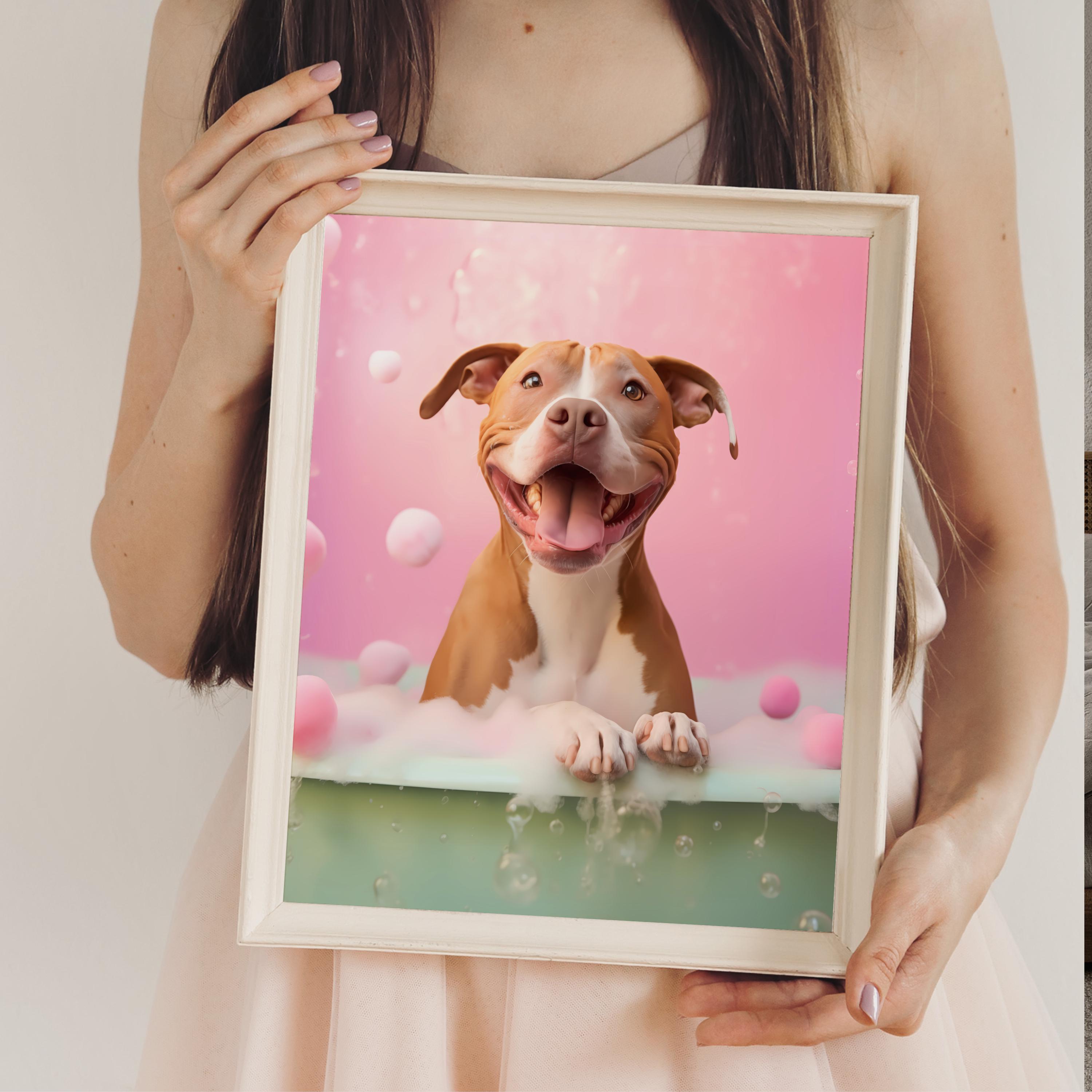 トレンディなピットブルテリアのバスルームウォールアート、面白いホームデコレーションプリント、泡風呂に浸かるアメリカンピットブル、犬 だらけのバスタブ、風変わりなトイレポスター、WCピンク - Etsy 日本, image size:3000x3000