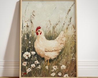 May include: A vertical rectangular wall art print titled Paw of Love featuring an oil painting of a white chicken with a red comb standing in a field of tall grasses and white flowers. The textured brushstrokes create a layered effect on the bird.