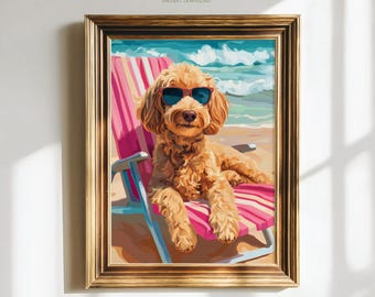 Funny Goldendoodle Print, Colorful Summer painting, Doodle Dog Coastal Printable Wall Art, Beach Decor