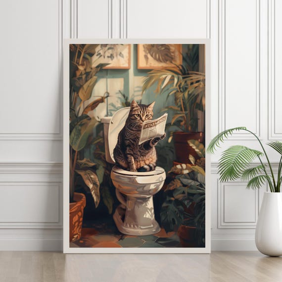 Unframed Bathroom cat poster Funny tabby cat toilet reading newspaper Restroom wall art Cat pooping decor Vintage cat bathroom decoration WC