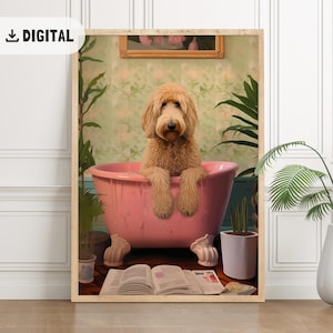 Vintage Goldendoodle Bathroom print Dog Bathtub wall art Funny Dogful Toilet Pink Bathtube Wall Decor Golden Doodle painting Humor Poster WC