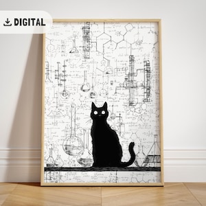 Puede incluir: Impresión digital de un gato negro con ojos brillantes, sobre un fondo de diagramas científicos y equipos de laboratorio. La obra de arte está enmarcada en un marco de madera clara y presenta la palabra "DIGITAL" en la esquina superior izquierda.