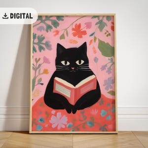 Póster de gato negro leyendo un libro, decoraciones para amantes de los libros, arte vintage con flores rosadas para la sala de lectura, arte de pared de dopamina de moda, lindo regalo para amantes de los libros