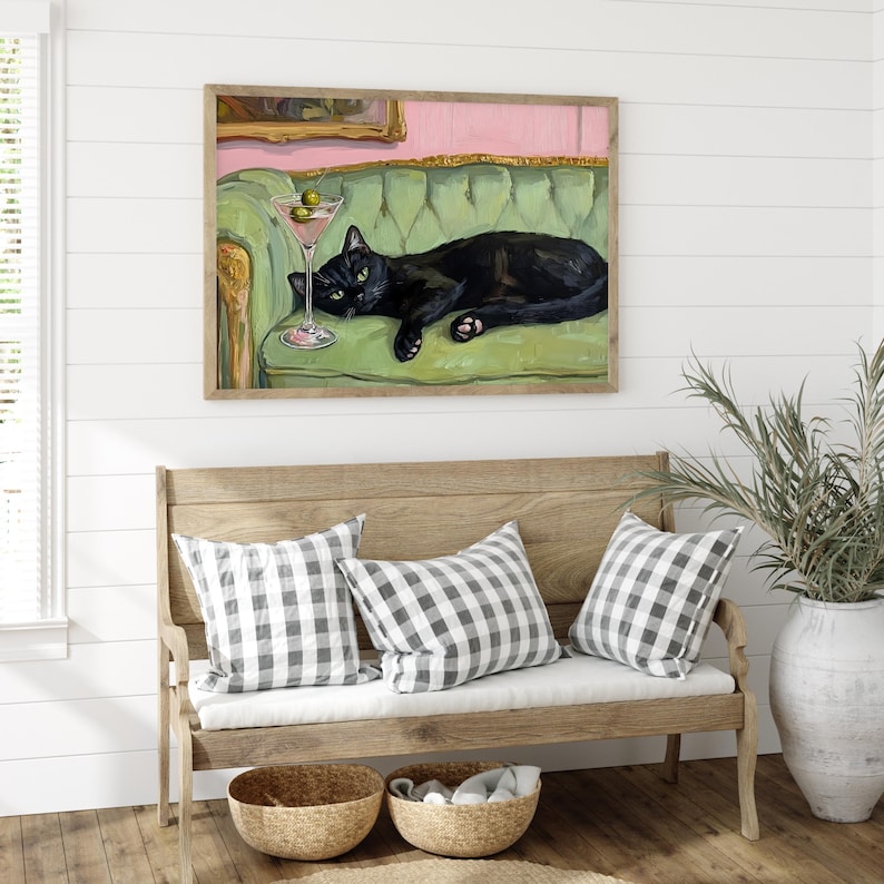 Vintage Black Cat Couch Art Print Funny Cat With Martini Quirky ...