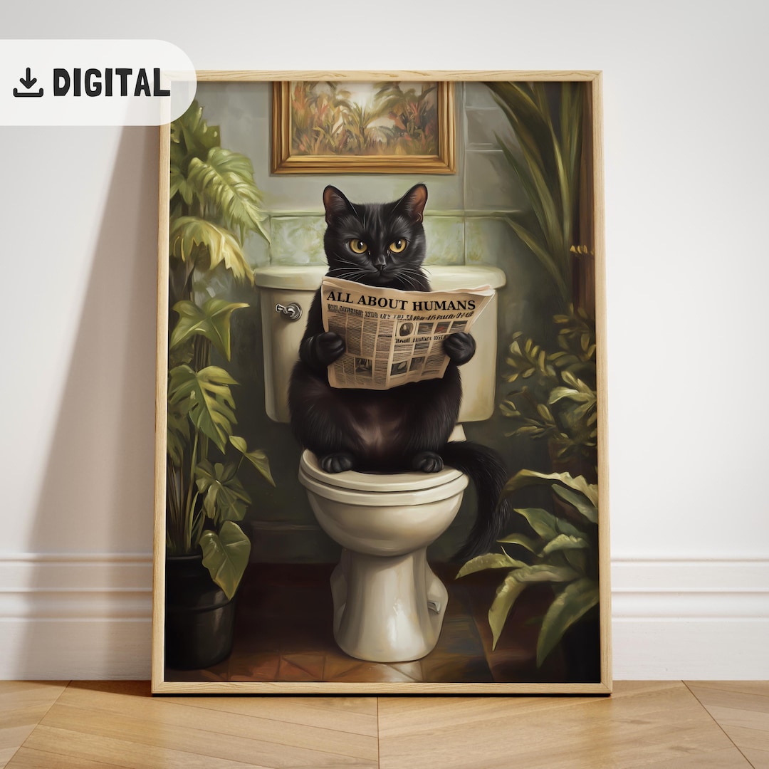 Funny Black Cat Bathroom Print, Toilet Humor Poster, Cat Pooping Wall ...