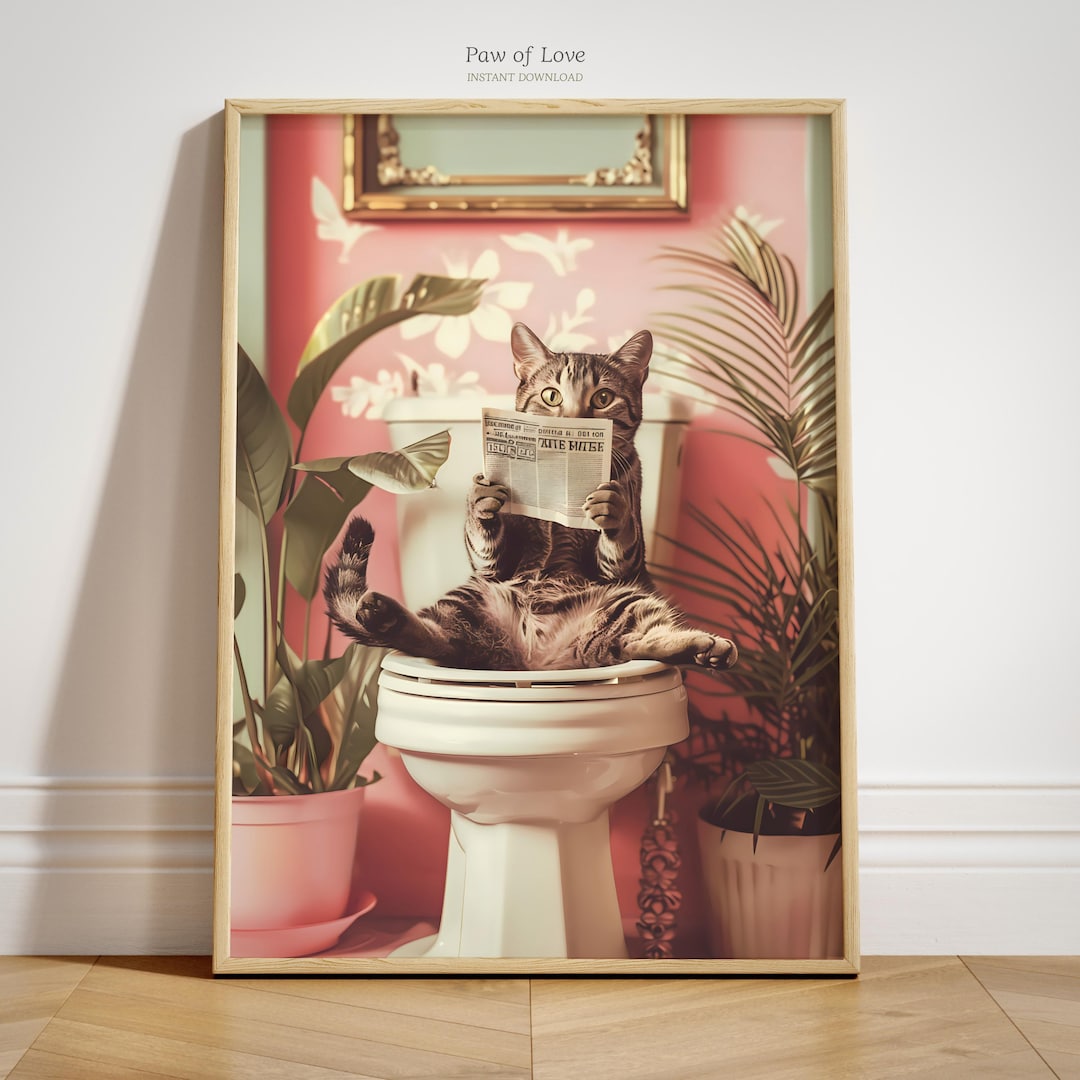 Trendy Bathroom Art Print Reading Cat on Toilet Guest Bathroom Pink ...
