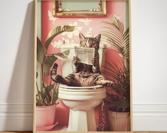 Trendy Bathroom Art Print Reading Cat on Toilet Guest Bathroom Pink Wall Decor Funny Cat Bathroom Decoration Toilet Humor Poster WC wall art