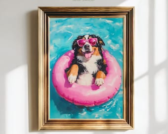 Funny Bernese Mountain Dog Summer Print: Coastal Printable Wall Art, Beach House Decor