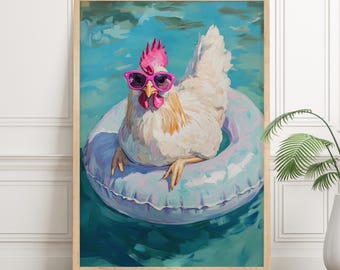 UNFRAMED Chicken Farmhouse Print, Summer Cottagecore Hen Wall Decor, Beach Coastal Painting, Dopamine Art