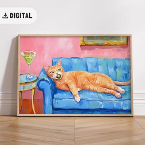 面白いジンジャー猫とマティーニのアートプリント、風変わりで気まぐれな赤い猫のカクテルバーカートアート、かわいいオレンジ色の猫の壁アート、改造されたトレンディな室内装飾