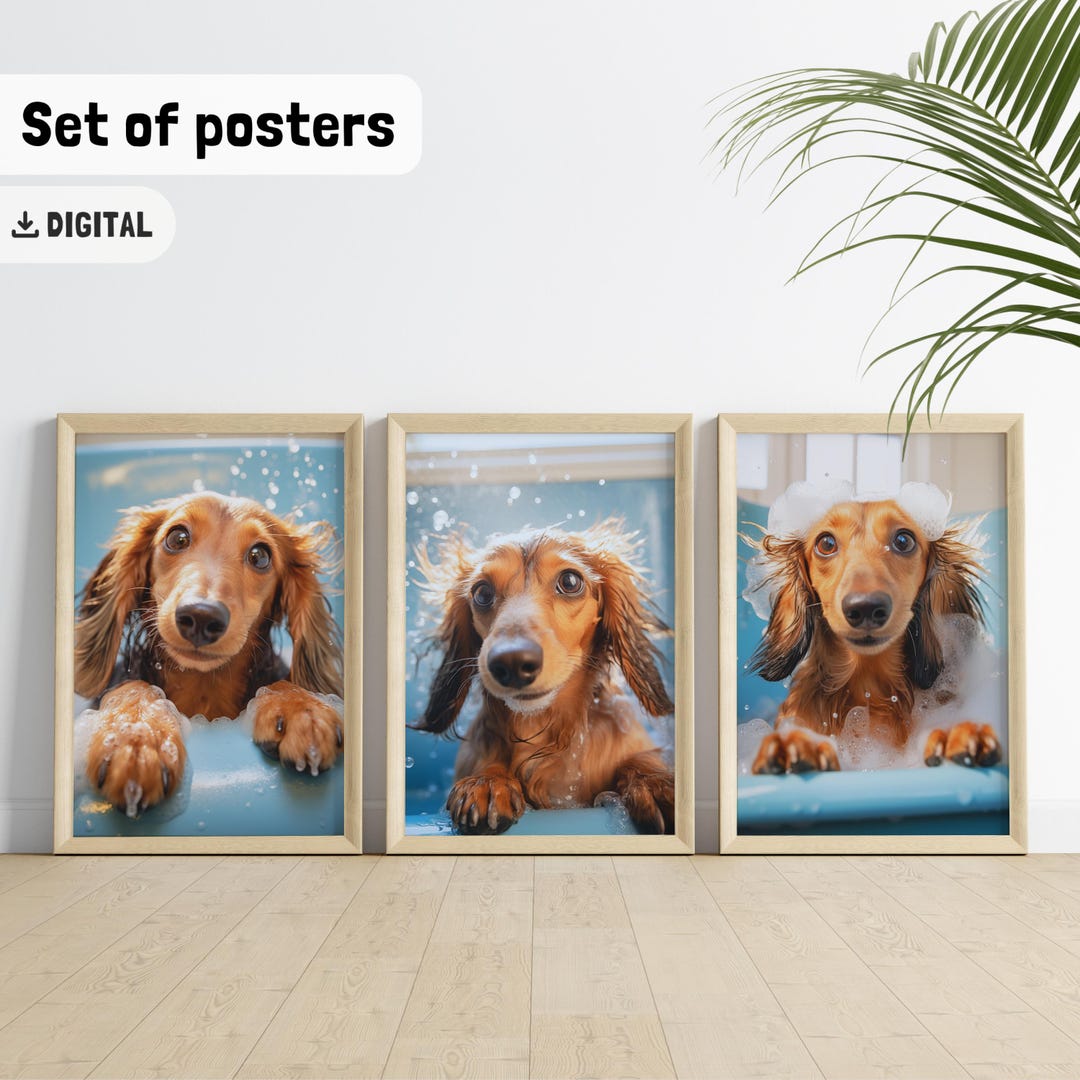 Dachshund Bathroom Art Print Set, Doxie Dog Bathtub Wall Decor, Toilet ...