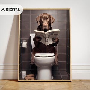 Schokolade Labrador Retriever Badezimmer Kunstdruck, lustiger Hund Badezimmer Dekor Leselabor auf Toilette, lustiges Toilette Humor Poster dunkel
