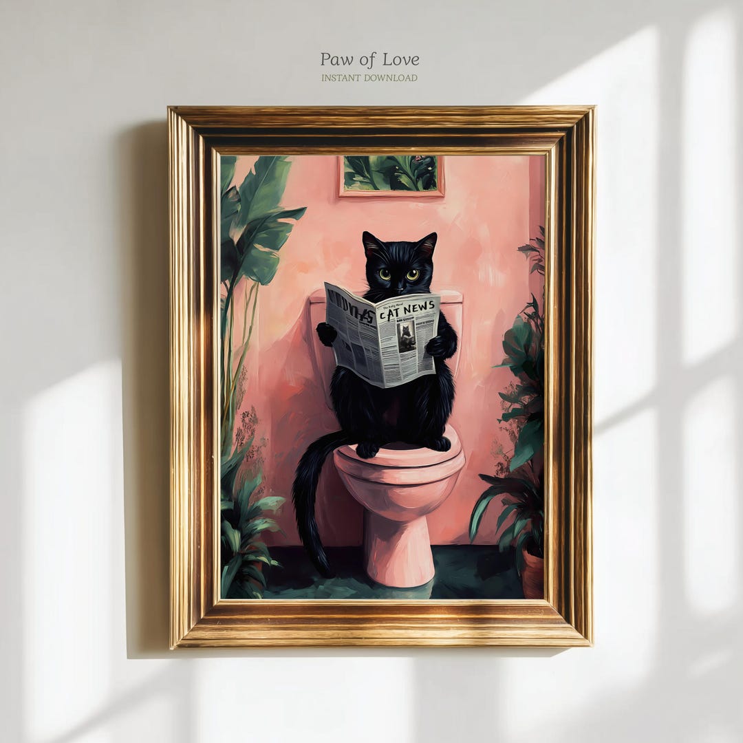 Black Cat Bathroom Print, Funny Cat Toilet Humor Wall Decor, Restroom ...