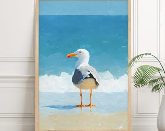 NIEOPRAWIONY Letni wydruk z mewą, zabawna sztuka ścienna z mewą nadmorską, dekoracja plażowa z ptakami oceanicznymi