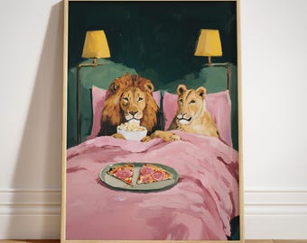 Funny Lion & Lioness Art Print, Romantic Animal Couple Bedroom Wall Decor, Dopamine poster