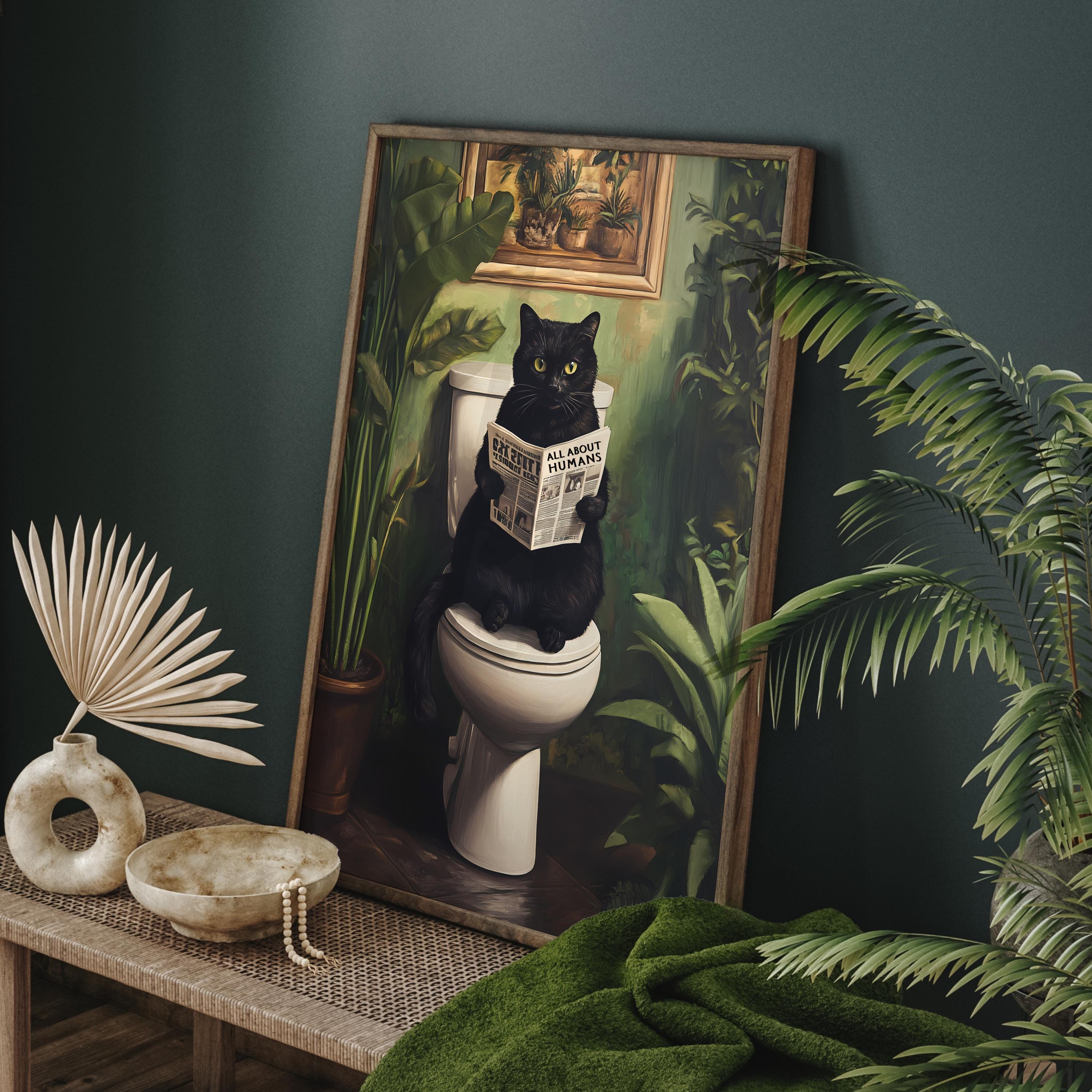 Lustiges Badezimmer Wandbild - Schwarze Katze Auf Toilette | 30x40cm Leinwand Druck