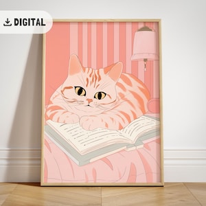 猫が本を読んでいるポスター、風変わりな本好きへのギフト、読書を刺激する壁飾り、ピンキードーパミンアート、トレンディな読書家ウォールアート、猫だらけの本好きのプリント