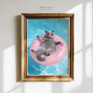 British Shorthair Cat Print, Funny Summer painting, Cat Coastal Printable Wall Art, Beach Decor