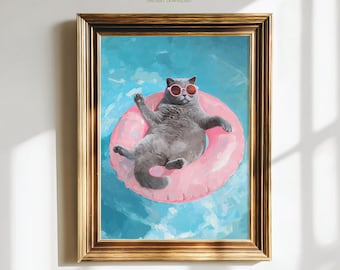 British Shorthair Cat Print, Funny Summer painting, Cat Coastal Printable Wall Art, Beach Decor