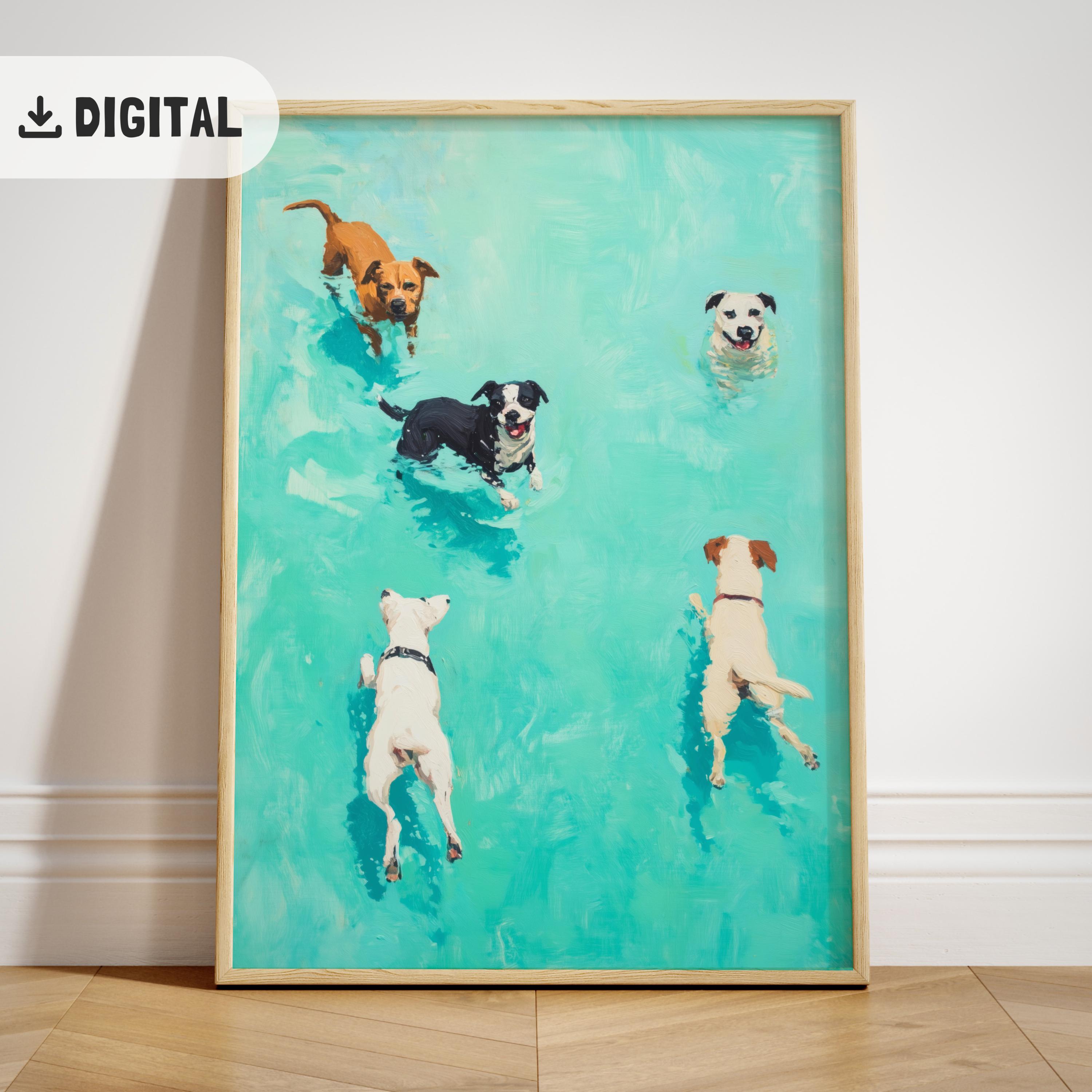 面白い水泳犬のプリント カラフルな夏の絵画 ビーチデコレーション