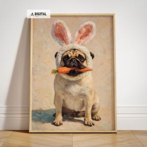May include: A framed digital print of a pug wearing a bunny hat and holding a carrot. The pug is light brown with a black muzzle and is sitting upright. The bunny hat is white with pink inner ears. The carrot is orange.