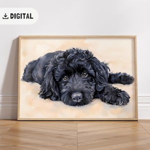 Black Doodle Print, Trendy Watercolor Goldendoodle Painting, Labradoodle Wall Art, Cozy Home Decor Aesthetic Printable Dog lovers wall art