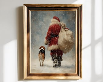 Santa Claus Beagle Art Print: Winter Snowfall Printable Christmas Cottagecore Decor, Beagle Dog Painting