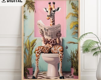 Funny Giraffe Bathroom print, Wild Animal on toilet wall art, Giraffe pooping painting, Maximalist wall decor, Restroom decoration WC art