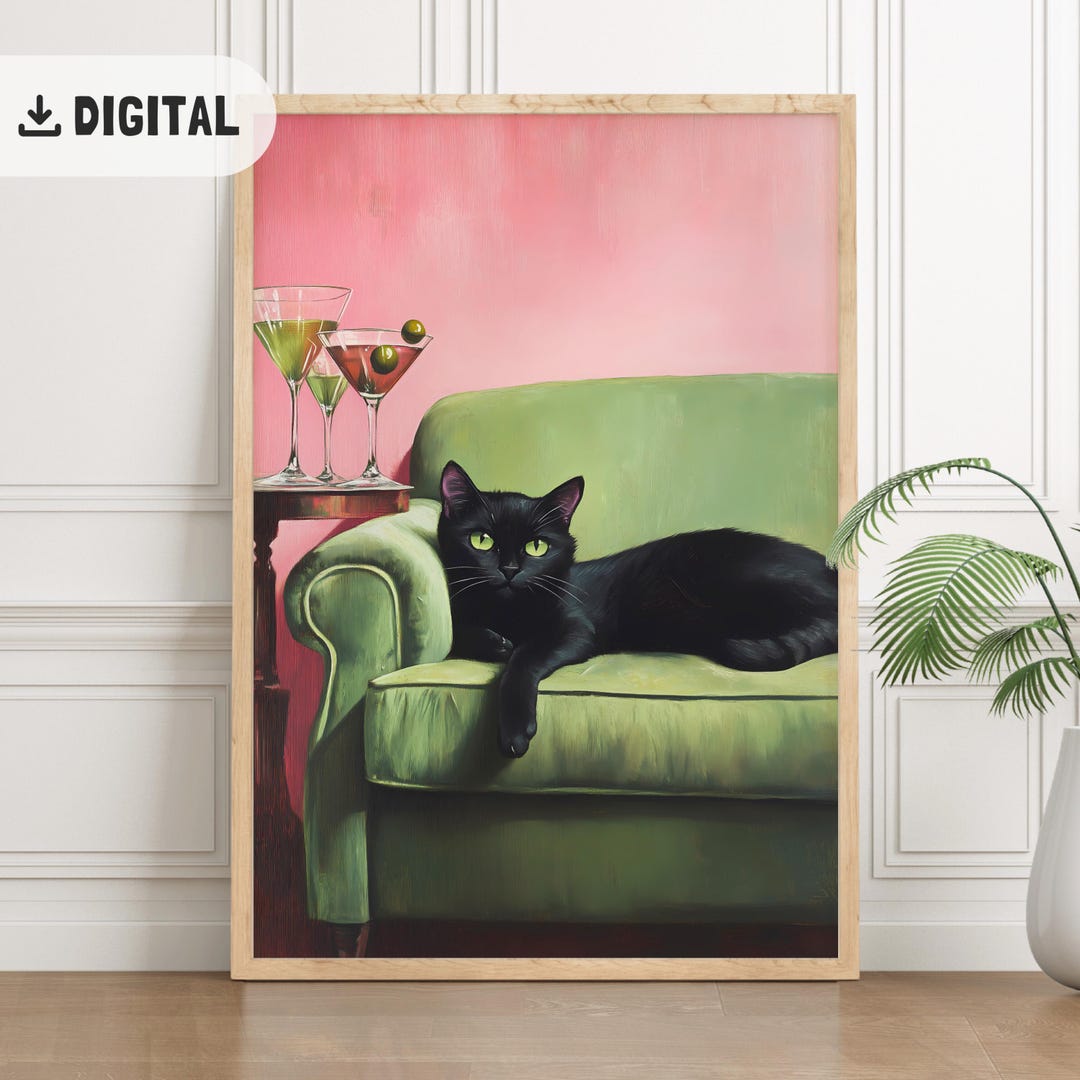 Vintage Black Cat Couch Print, Cat Martini Cocktail Bar Cart Art ...