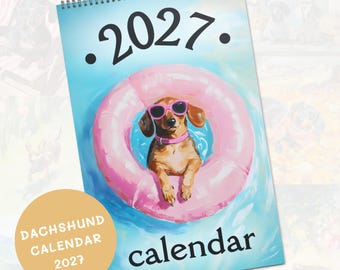 Calendario da parete mensile 2027 con bassotto, regalo per gli amanti dei bassotti, decorazione di cancelleria a tema canino.