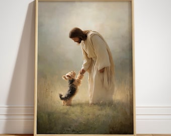May include: Framed print titled "Paw of Love" featuring a person in a white robe reaching down to a small dog. The dog is standing on its hind legs, reaching up to the person. The background is a soft, blurred landscape.