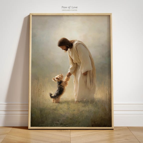 UNFRAMED Jesus Yorkshire Terrier Art Print, Printed Cottagecore Decor, Christian Yorkie Dog Memorial Poster