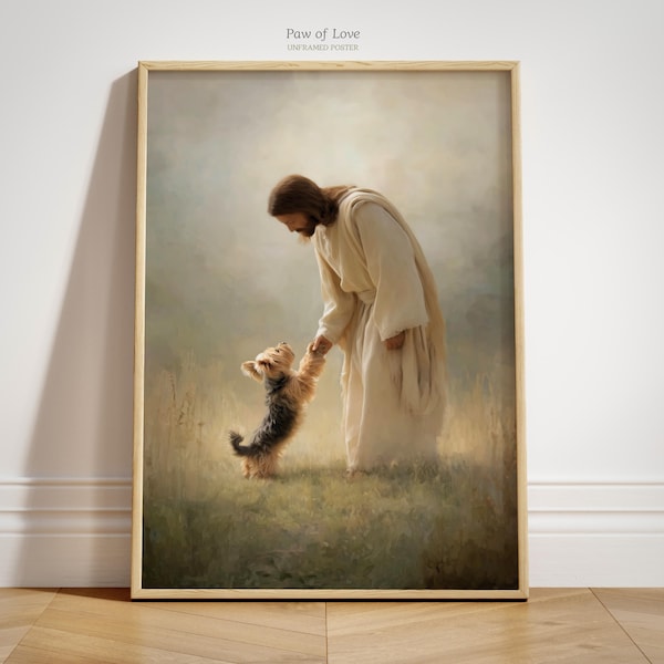Lámina artística sin marco de Jesús Yorkshire Terrier, decoración estilo cottagecore impresa, póster conmemorativo cristiano para perros Yorkie.