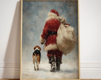 UNFRAMED Santa Claus Beagle Art Print: Winter Snowfall Christmas Cottagecore Decor, Beagle Dog Painting