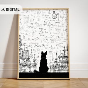Op de afbeelding: Zwart-wit kunstprint met een silhouet van een hond die naar een complex wetenschappelijk diagram kijkt. De achtergrond is gevuld met chemische formules en laboratoriumapparatuur, wat een unieke mix van wetenschap en kunst creëert.