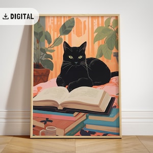 Süße Katze Lese Poster Katze Liebhaber Geschenk Rosa Mädchen Schlafzimmer Dekor Leserin Wand Kunst Bücherwurm Druck Catful Aesthetic homedecor Bücherwurm