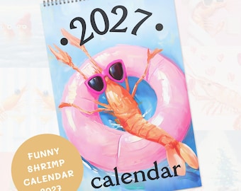 Calendario de pared mensual de camarones 2027, divertido para decorar el hogar, papelería maximalista, decoración que estimula la dopamina.