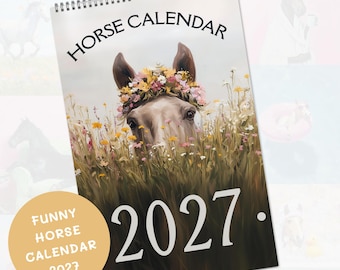 Calendário de parede com cavalos para 2027, planejador mensal, decoração divertida de fazenda, artigos de papelaria estilo cottagecore.