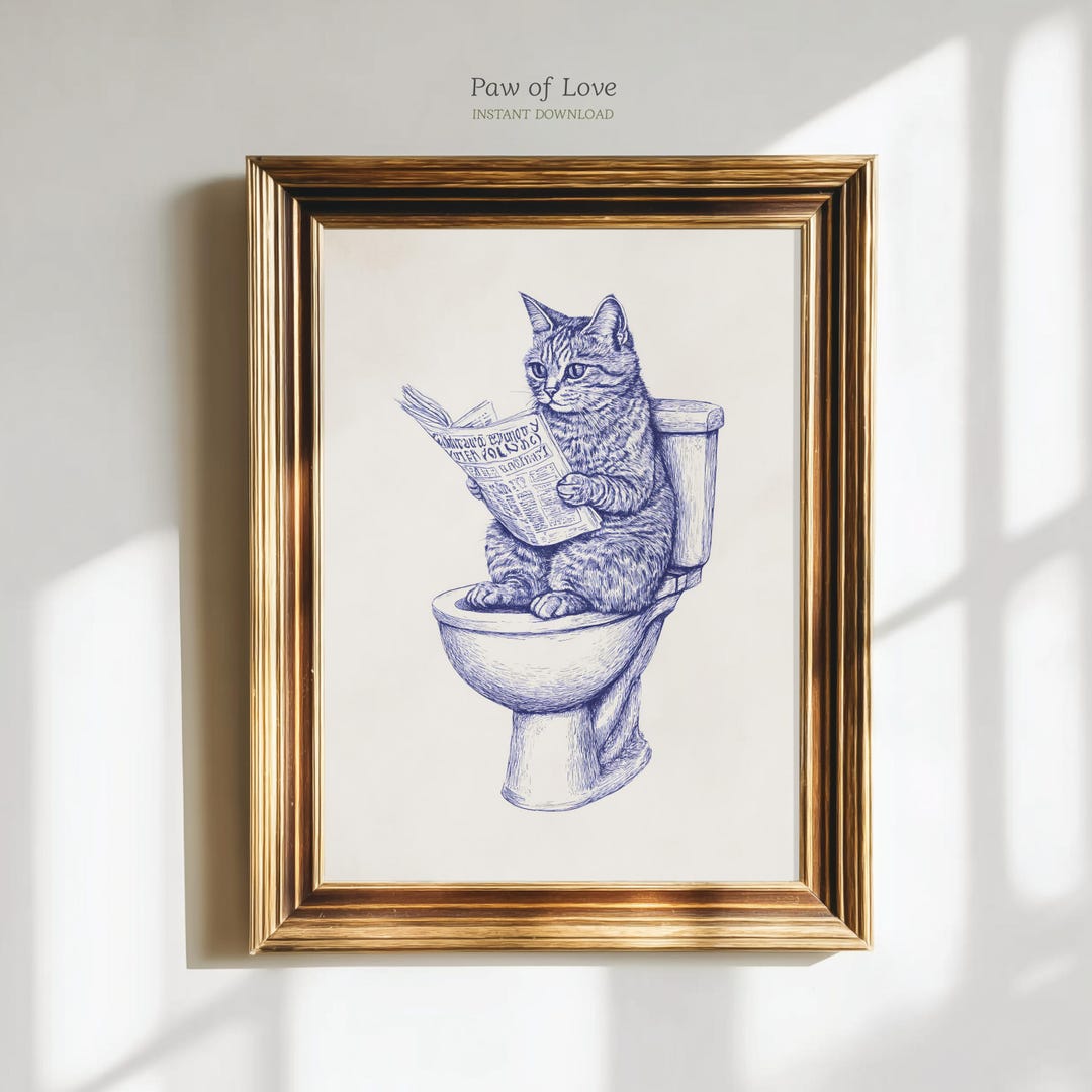 Vintage Cat Bathroom Print, Funny Toilet Wall Art, Retro Blue Cat ...