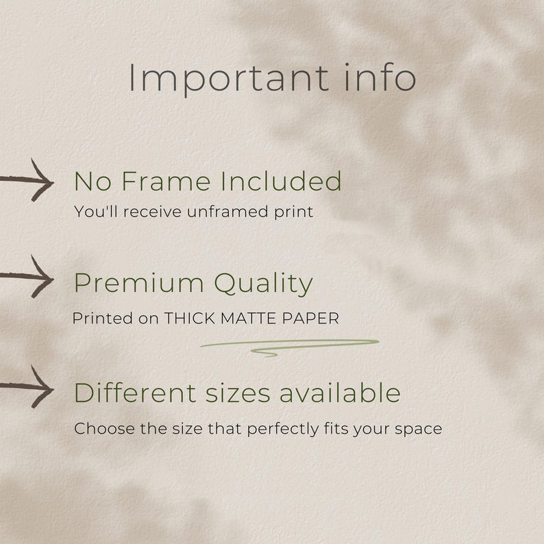 May include: A beige background with text that reads "Important info." The text includes "No Frame Included," "Premium Quality," and "Different sizes available." The image is designed to inform customers about the product's features.