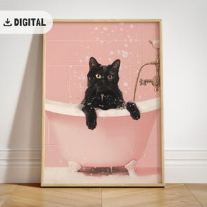 バスタブ猫ポスター、黒猫バスルーム壁アート、面白い猫の絵、ピンクのバスルーム装飾プリント、猫好きのトイレへのマキシマリスト装飾ギフト