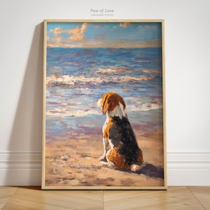 Peut inclure: Une affiche sans cadre intitulée "Paw of Love" représente un chien beagle assis sur une plage de sable, regardant l'océan. L'œuvre utilise des bleus, des bruns et des blancs, avec des coups de pinceau visibles pour un effet texturé.